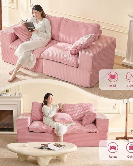 74.8” Cloud Couch, Modular Loveseat Sofa, Convertible Sofas Bed, Deep Seat Sofa, Cozy Sofa for Living Room, Office and Bedroom, Corduroy, Pink