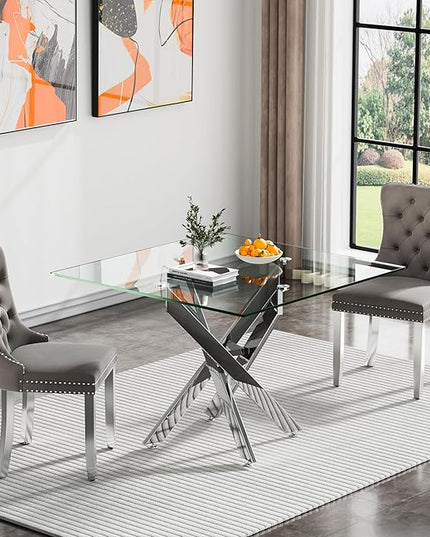 Glass Dining Table Set for 2, Square 36" Dining Table with Silver Cross Metal Leg, 2 Gray Velvet Dining Chairs with Stainless Steel Legs, Modern Glass Kitchen Table and Chairs Set for Small Space