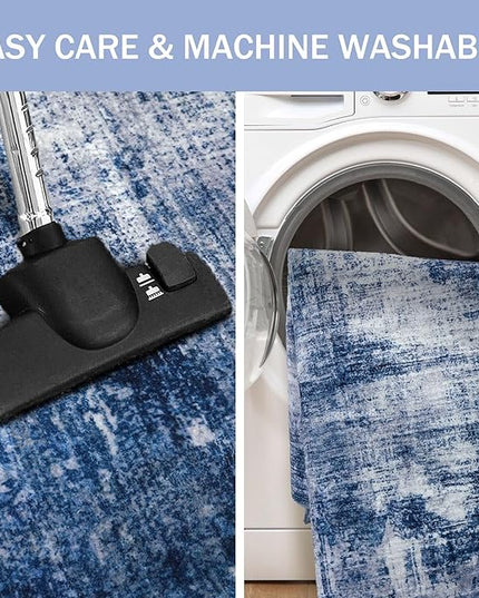IOHOUZE Abstract Runner Rug 3x18 Ft Washable Runners for Hallways, Non Slip Kitchen Runner Printed Faux Wool Entryway Runner Indoor, Modern Abstract Floor Carpet for Hall Stair, Navy/Grey