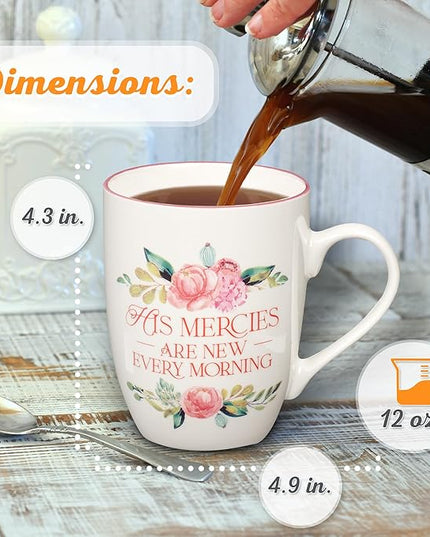 Christian Art Gifts Inspirational Ceramic Coffee & Tea Mug for Women: Mercies are New Every Morning Encouraging Bible Verse, Microwave & Dishwasher Safe Novelty Drinkware, White & Pink Floral 12 oz.