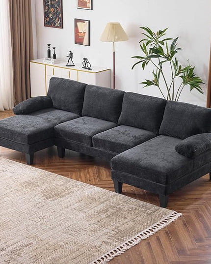 VINGLI 110" Sectional Couches for Living Room,U Shaped Couch with Double Chaise, 4-Seat Sofa Set with Chenille Fabric for Home Furniture,Black