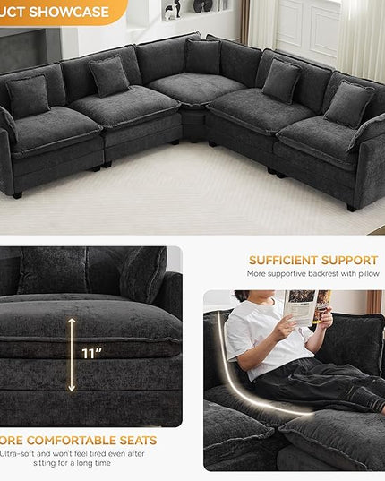137'' V Shaped Cloud Sectional Sofa, Oversized Deep Seat Couches for Living Room, Chenille Comfy Upholstered Modular Sectional Sofa Couch, Dark Grey