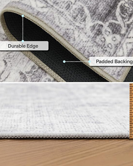 ReaLife Rugs Machine Washable Area Rug Runner - Living Room Bedroom Bathroom Kitchen Entryway Office - Padded Low Pile Stain Resistant Premium - Boho Farmhouse Vintage - Noor - Silver Ivory 2'6" x 8'