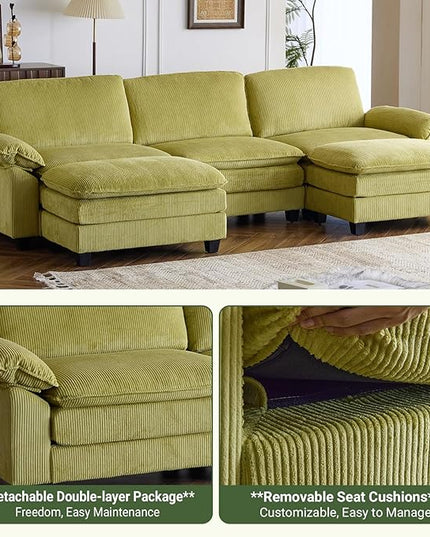 VINGLI 121" L Shape Sectional Couch, Convertible Sectional Couch for Small Living Room,Modern 3-Seat Convertible Loveseat Sofa with 2 Ottoman in Corduroy,Olive Green