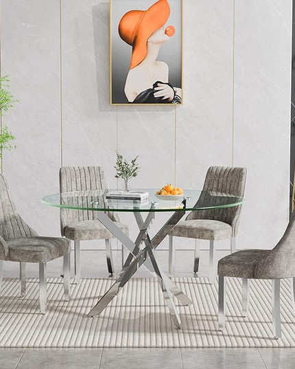 Round Glass Dining Table Set for 4, 47'' Clear Circular Kitchen Table and Chairs Set, 5PCS Modern Circle Dining Room Table Set with 4 Dining Chair for Home