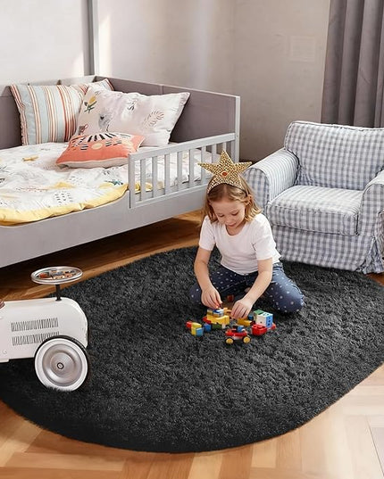 Ophanie 3x5 Oval Black Rugs for College Dorm, Bedroom Small Area Rug, Non-Slip Fluffy Shaggy Bedside Soft Shag Fuzzy Plush Carpet for Kids Boys Teen Home Decor Aesthetic, Nursery