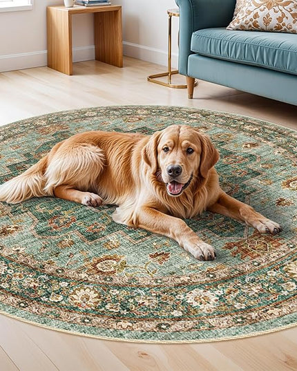 Washable Oriental Area Rug - 4ft Round Rugs for Living Room Soft Carpet for Bedroom Waterproof Floral Distressed Indoor Stain Resistant Non-Shedding Floor Carpets (Green, 4ft-Round)
