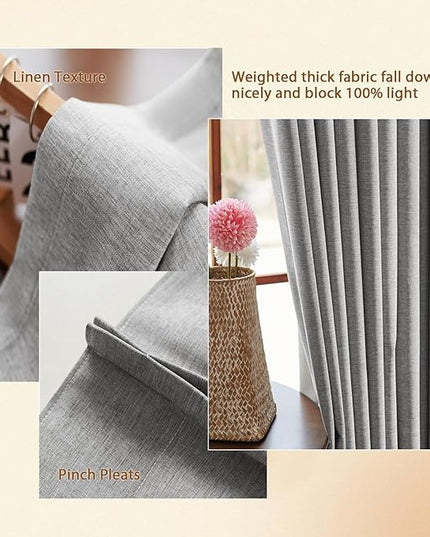 Textured Linen Double Pleats 100% Blackout Curtains for Bedroom/Living Room Blackout Curtains 108 Inches Long, Energy Saving Window Treatment Curtains,84Wx108Lx2,Grey