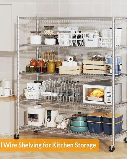 Himimi Storage Shelves with Wheels, 5-Tier Heavy Duty Steel Wire Rack Storage Shelving, Adjustable Metal Storage Shelves for Garage Kitchen Pantry Bathroom Laundry 18" D*60" W*82" H, Silver