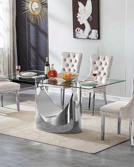 5 Piece Dining Table Set, Modern Glass Dining Table Set for 4 with Velvet Chairs, 70" Luxury Dining Table Chairs Set of 4, Kitchen Dining Room Sets for Dinner Dinette Breakfast Banquet, Beige+Silver
