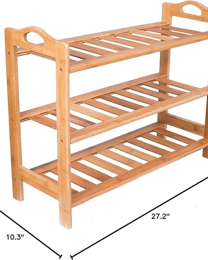 BIRDROCK HOME 3 Tier Free Standing Shoe Rack with Handles | Bamboo | Wood | Closets and Entryway | Organizer | Fits 9 Pairs of Shoes