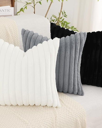 decorUhome Faux Fur Spring Throw Pillow Covers 26x26 Set of 2, Decorative Soft Plush Striped Neutral Couch Euro Pillow Covers with Velvet Back for Sofa, Bed, Living Room Home Decor, Black