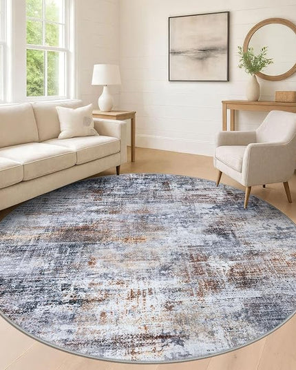 IOHOUZE Abstract Round Area Rug 8 Ft Washable Circle Rugs Large Round Rug Non Slip Thin Soft Circle Rugs, Printed Faux Wool Floor Carpet for Bedroom Living Room Dining Room Nursery, Orange Grey