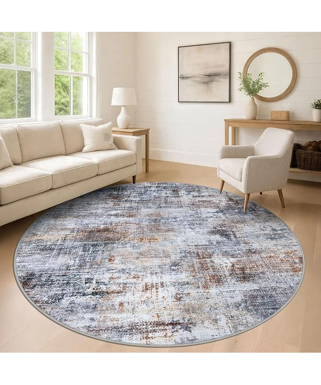 IOHOUZE Abstract Round Area Rug 8 Ft Washable Circle Rugs Large Round Rug Non Slip Thin Soft Circle Rugs, Printed Faux Wool Floor Carpet for Bedroom Living Room Dining Room Nursery, Orange Grey