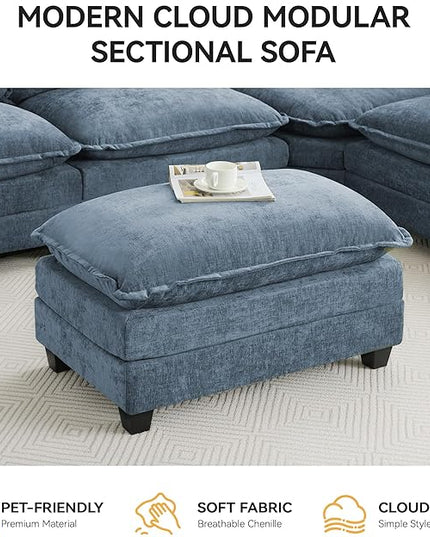 35‘’ Modern Chenille Cloud Sofa Ottoman,Rectangle Ottoman for Modular Sectional Sofa, Blue