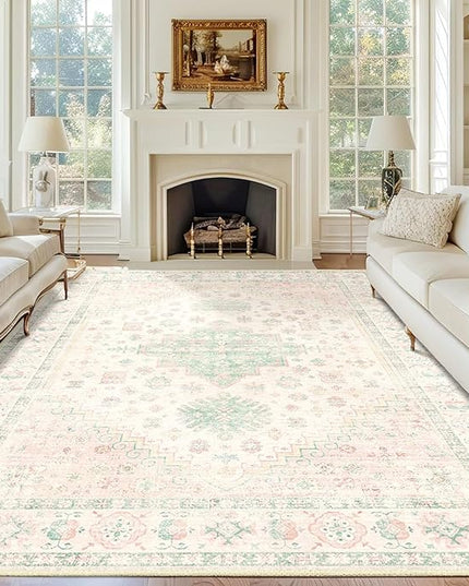 MUJOO 8x10 Area Rugs,Washable Rugs for Living Room Dining Room Bedroom,Large Boho Throw Carpet,Non Slip Big Indoor Low Pile Light Pink and Green