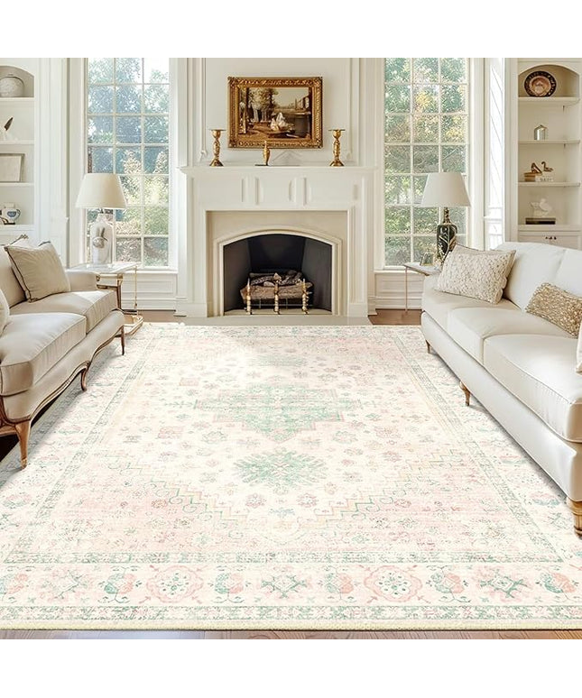 MUJOO 8x10 Area Rugs,Washable Rugs for Living Room Dining Room Bedroom,Large Boho Throw Carpet,Non Slip Big Indoor Low Pile Light Pink and Green
