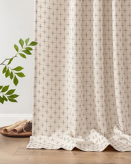 MIULEE Decorative Back Tab Linen Curtains with Geometric Pattern for Living Room Bedroom Farmhouse Rustic Thick Woven Textured Patterned Mudcloth Drapes 84 Inches Long 2 Panels Set, Beige