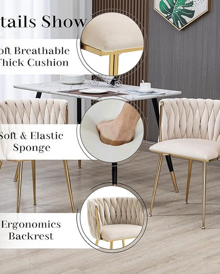 Golden Round Dining Table Set for 4, 39'' Clear Glass Top Dinner Table Set, 5 Piece Modern Luxury Circle Kitchen Table and Ivory Woven Chairs Set, Small Circular Dinette Set, for Apartment