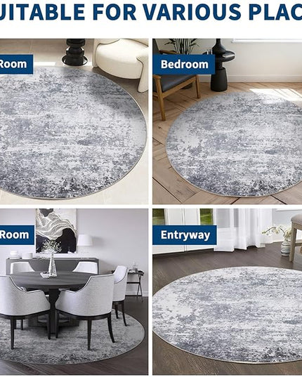 Modern Abstract 8x8 Round Area Rug Non Slip Non Shedding Rug Low Pile Stain Resistant for Bedroom Living Room Office Dining Room,Light Grey