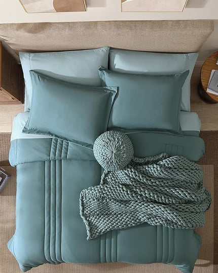 Monbix California King Size Comforter Set - 7 Pieces Bed in a Bag California King, Blue Green Bedding Sets, All Seasons Comforter Bed Set with Sheets, Pillowcases & Shams