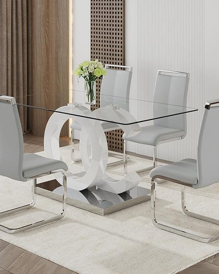 Ebullient Glass Dining Table Set for 4 ，5 Piece Dining Table Set,Tempered Glass Table Top，White Modern Dining Room Table with 4 PU Leather Ergonomic Dining Chairs