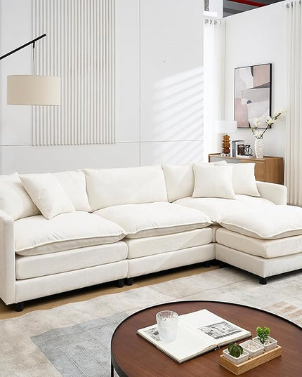 Modular Sectional Sofa,108.27'' Modern Corduroy Sofa Set for Living Room with 3 Seat & 1 Ottoman & 3 Pillows, Comfy Cloud Couches with Movable Ottoman, DIY Combination, Chenille (Beige, L Shaped)