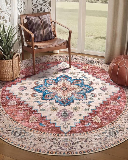 Ciicool Boho 5x5ft Round Area Rug Washable Bedroom Rug Non-Slip Oriental Entryway Throw Rug Low-Pile Indoor Carpet for Dining Room