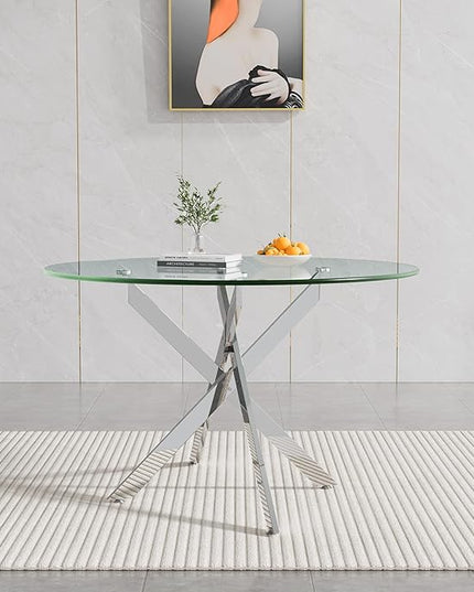 47.24" Round Glass Dining Table Modern Kitchen Glass Top Table for 6 with Silver Metal Legs, Clear Dining Table Kitchen Table for Home Office Dining Room