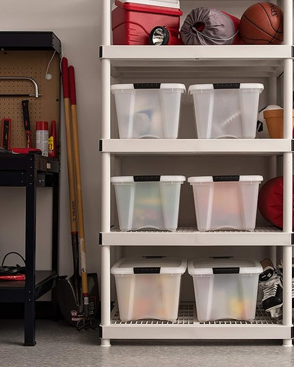 IRIS USA 32 Qt Stackable Plastic Storage Bins with Lids, 6 Pack - BPA-Free, Made in USA - Discreet Organizing Solution, Latches, Durable Nestable Containers, Secure Pull Handle - Pearl