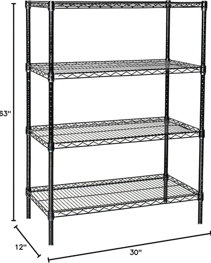 Omega 4 Tier Shelving Unit Heavy Duty NSF Wire Shelf Metal Large Storage Shelves Adjustable, Commercial Grade Steel Utility Layer Shelf Rack Storage,12L x 30W x 63H Inch Black