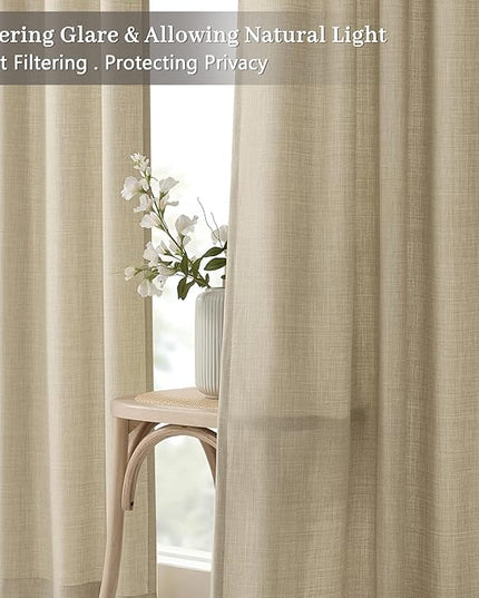 Pinch Pleat Linen Curtains Memory Trained Shaped Light Filtering Pleated Drapes - 100 Inch Long Privacy Window Curtain for Living Room and Bedroom Boho Farmhouse 2 Panels with Back Tab Top and Hooks