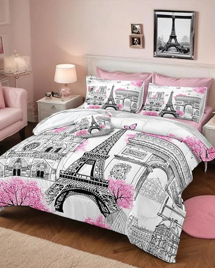 Bedbay Paris Bedroom Comforter Set King Size Eiffel Tower Bedding Set King Bed in a Bag 8 Pieces French Style Pink Flowers Bedding Girls Women Pink and Grey Comforter King Bed Set (Pink,King)