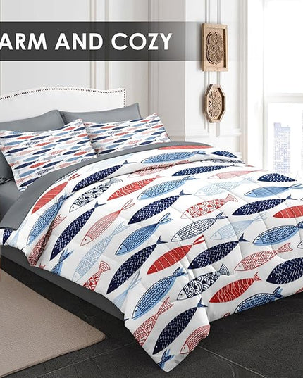 Comforter Set Twin Size, Fish Blue Summer 5 Pcs Bedding for Kids and Adults, Sea Cute Ocean Bed Sheet Sets with Fitted Sheet Pillowcase & Sham for Bedroom Bed Decor