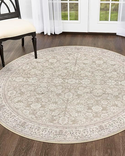 5' Round Rug Washable Rug for Entryway, Cream Beige White Grey Soft Non-Slip Area Rugs Distressed Floral Low-Pile Carpet, Neutral Vintage Circle Rugs for Living Room Dining Bedroom Foyer