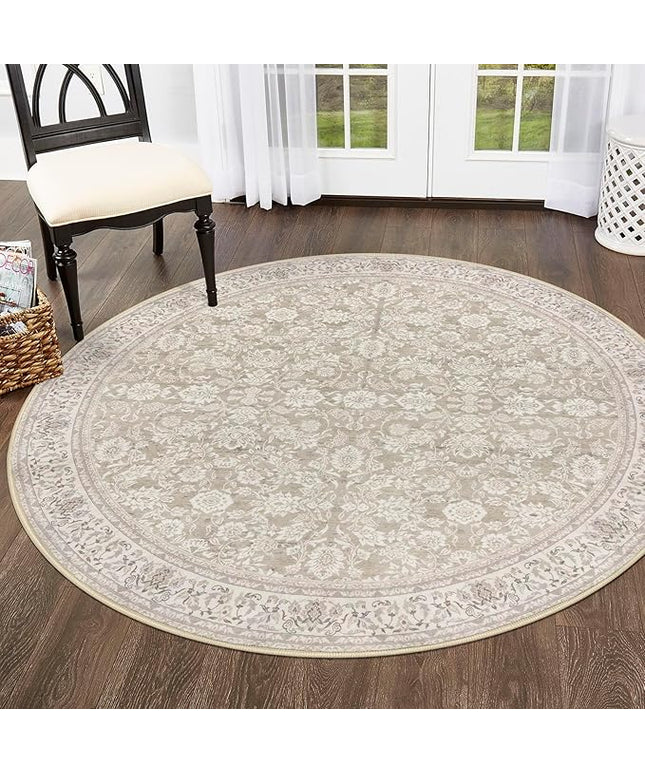 5' Round Rug Washable Rug for Entryway, Cream Beige White Grey Soft Non-Slip Area Rugs Distressed Floral Low-Pile Carpet, Neutral Vintage Circle Rugs for Living Room Dining Bedroom Foyer
