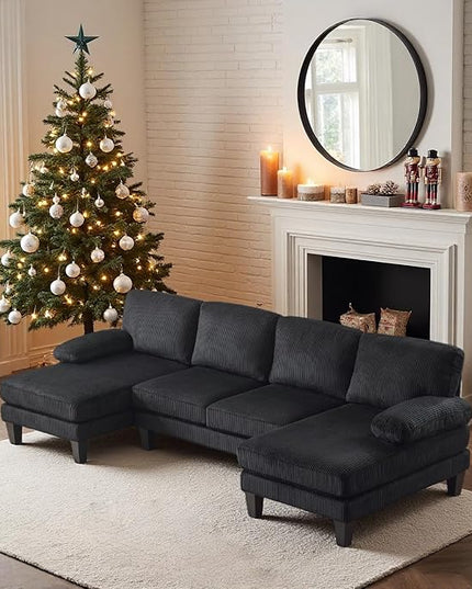 VINGLI 110" Sectional Couches for Living Room,U Shaped Couch with Double Chaise, 4-Seat Sofa Set with Corduroy Fabric for Home Furniture,Black