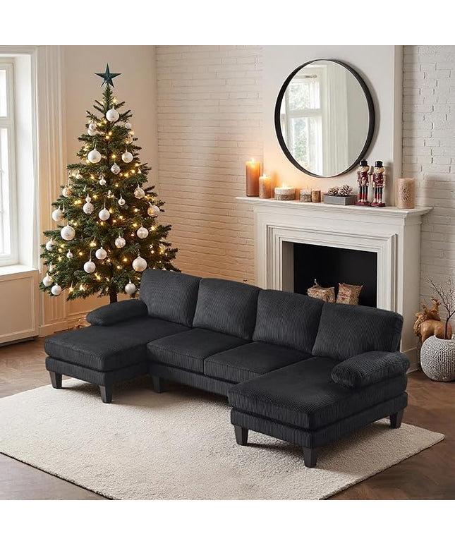 VINGLI 110" Sectional Couches for Living Room,U Shaped Couch with Double Chaise, 4-Seat Sofa Set with Corduroy Fabric for Home Furniture,Black