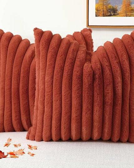 decorUhome Faux Fur Spring Throw Pillow Covers 18x18 Set of 2, Decorative Soft Plush Striped Neutral Couch Euro Pillow Covers with Velvet Back for Sofa, Bed, Living Room Home Decor, Rust