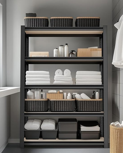 WORKPRO House 3000lbs 5-Tier Shelving Unit, 72" H Adjustable Storage Shelves, Boltless Book Shelf, Shelf Organizer for Kitchen, Living Room, Bathroom, Wood Grain Pattern, Waterproof Board, Black