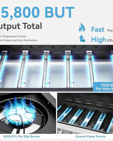 6 Burner Propane Gas BBQ Grill with Side Burner & Porcelain-Enameled Cast Iron Grate, 65,800 BTUs Barbecue Grill 665 Sq. In. Grilling Area, Outdoor Propane Grill for Camping Patio Backyard Cooking