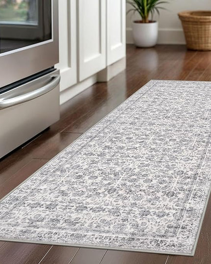 2x5 Washable Rug Grey Small Area Rug for Entryway, Soft Non-Slip Indoor Door Mat Distressed Floral Low-Pile Kitchen Rugs, Neutral Vintage Carpet for Entrance Bedside Farmhouse