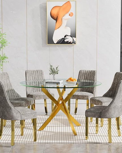Round Glass Dining Table Set for 6, 47'' Clear Circular Kitchen Table and Chairs Set, 7PCS Modern Circle Dining Room Table Set with 6 Dining Chair for Home