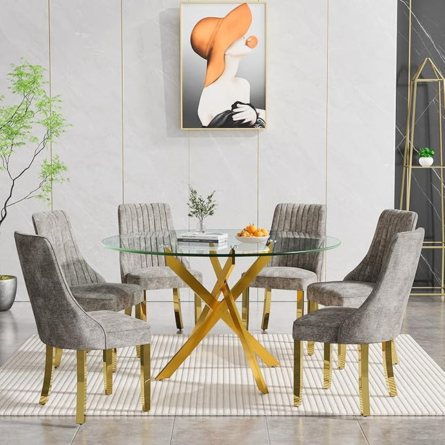 Round Glass Dining Table Set for 6, 47'' Clear Circular Kitchen Table and Chairs Set, 7PCS Modern Circle Dining Room Table Set with 6 Dining Chair for Home