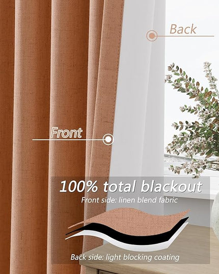 Guken 100% Blackout Curtains 96 Inch Length 2 Panels Set for Living Room Bedroom Back Tab Thermal Insulated Black Out Linen Drapes Room Darkening Rose,52x96