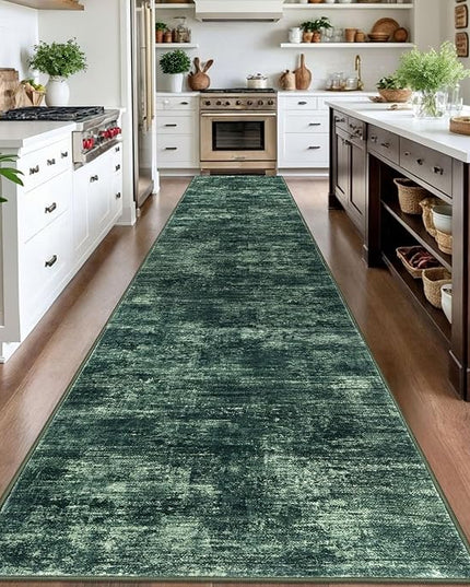 IOHOUZE Abstract Runner Rug 3x16 Ft Washable Runners for Hallways, Non Slip Kitchen Runner Printed Faux Wool Entryway Runner Indoor, Modern Abstract Floor Carpet for Hall Stair, Dark Green