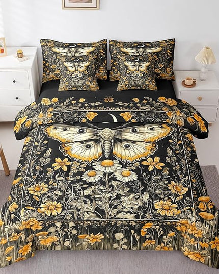 Feelyou 7 Piece Boho Death Moth Bed in a Bag Queen for Boys Kids Butterfly Moth Sheet Set,Flower Mushroom Rustic for Girls Women Moon Sun Bedding Set with Comforter Boho Style Cushion Covers