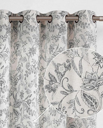 Lazzzy Linen Black Floral Farmhouse Curtains 96 Inches Long Drapes for Living Room Bedroom Pattern Light Filtering Country Vintage Curtain Grommet Top, 2 Panels, Black on Beige