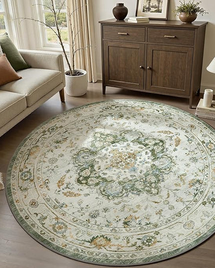 PADOOR-Vintage 6FT Round Rug-Rugs for Living Room-Soft Green Circle Rug-Machine Washable Rugs for Bedroom-Non Slip Carpet-Rug for Dining Room Living Room Bedside Office