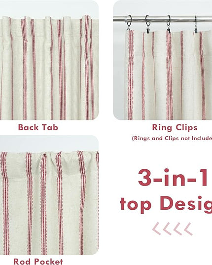 DriftAway Farmhouse Linen Blend Blackout Curtains 36 Inches Long for Bedroom Vertical Striped Printed Linen Curtains Thermal Insulated Lined Treatments for Living Room 2 Panels W52 x L36 Linen Red